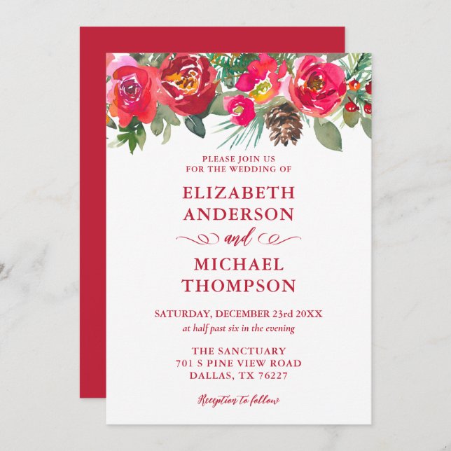 Invitation Aquarelle rouge Noël Floral Mariage d'hiver (Devant / Derrière)