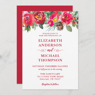 Invitation Aquarelle rouge Noël Floral Mariage d'hiver