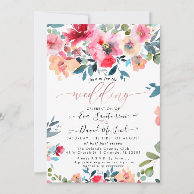 Invitation Aquarelle Rouge Ombre Jardin Roses Mariage (Devant)