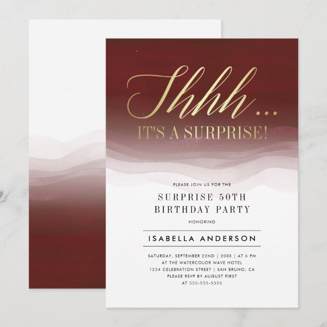 Invitation Aquarelle rouge or et bourgogne Surprise Anniversa (Devant / Derrière)