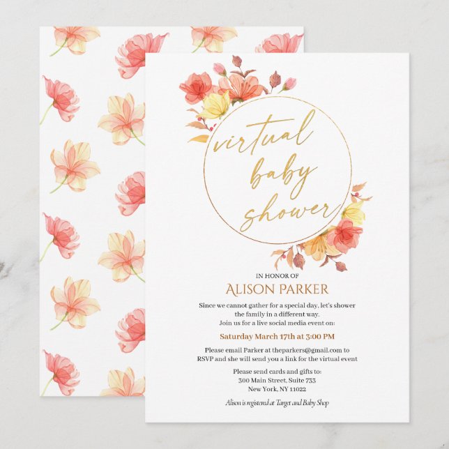 Invitation Aquarelle rouge or Floral Wreath Douche virtuelle (Devant / Derrière)