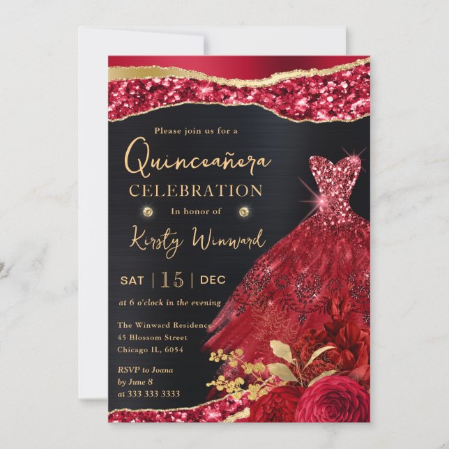 Invitation Aquarelle Rouge & Or Robe Parties scintillant Quin (Devant)