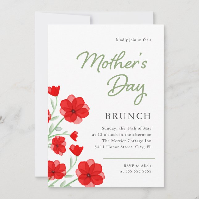 Invitation Aquarelle Rouge Pavot Floral Fête des Mères Brunch (Devant)