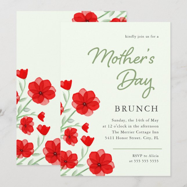 Invitation Aquarelle Rouge Pavot Floral Fête des Mères Brunch (Devant / Derrière)