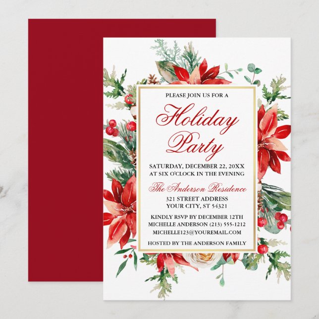 Invitation Aquarelle Rouge Poinsettia Fête Florale (Devant / Derrière)