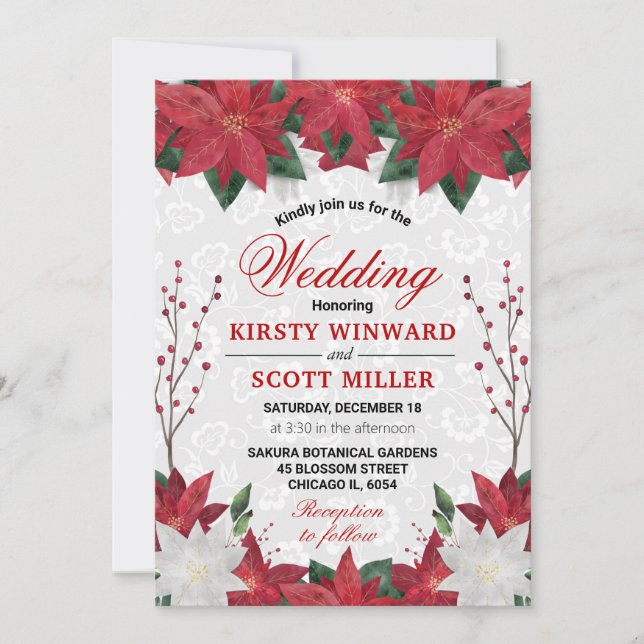 Invitation Aquarelle Rouge Poinsettia Floral Mariage de Noël (Devant)
