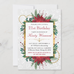 Invitation Aquarelle Rouge Poinsettia hiver 21e anniversaire