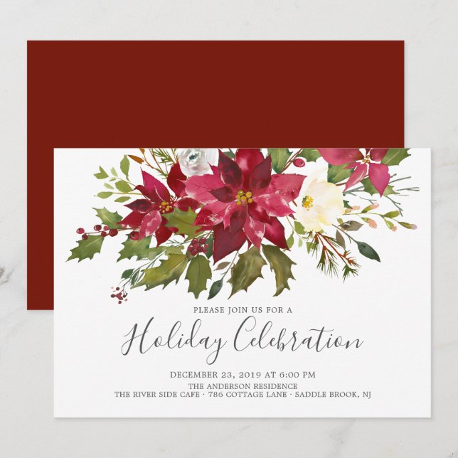 Invitation Aquarelle Rouge Poinsettie Noël (Devant / Derrière)