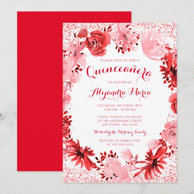 Invitation Aquarelle rouge Quinceanera (Devant / Derrière)