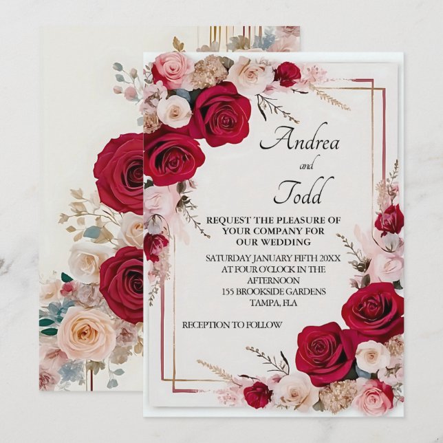 Invitation Aquarelle rouge rose mariage (Devant / Derrière)