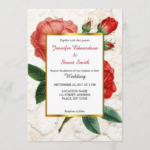 Invitation Aquarelle rouge roses marbre Floral Vintage Weddin