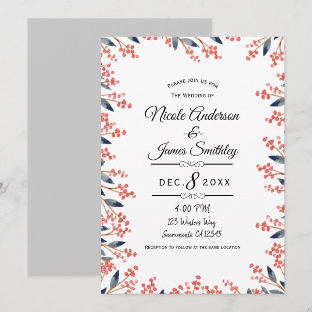 Invitation Aquarelle Rouge Vacances Mariage des baies d'hiver (Devant / Derrière)