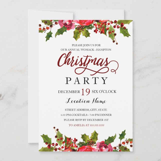 Invitation Aquarelle rouge vert Holly Leaf fête de Noël (Devant)