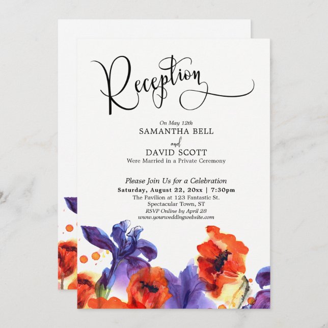 Invitation Aquarelle rouge violet Floral Réception de mariage (Devant / Derrière)