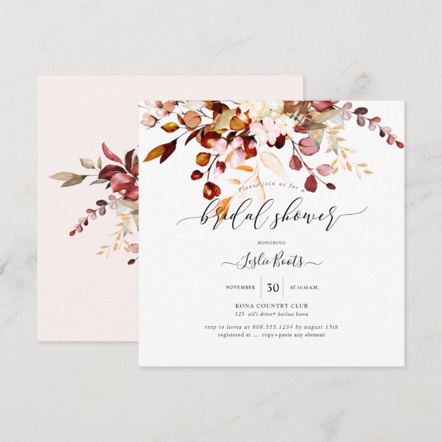 Invitation Aquarelle Rouille Orange Gum Eucalyptus Bride Shwr (Devant / Derrière)