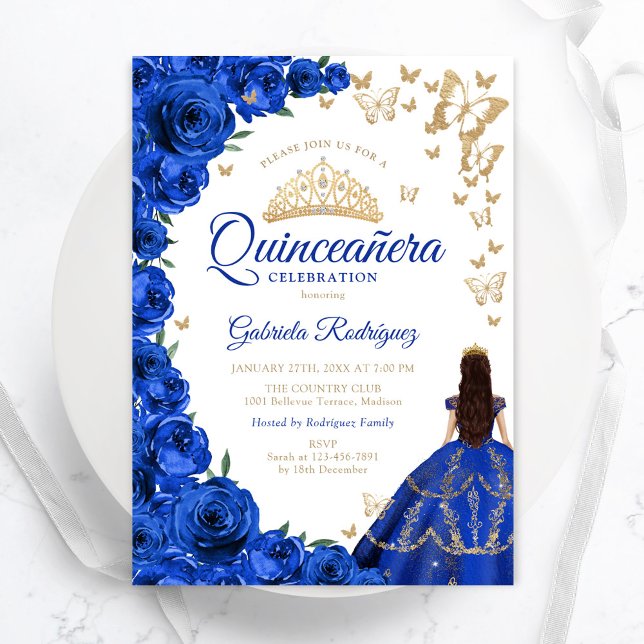 Invitation Aquarelle Royal Bleu Rose Floral Quinceanera (Créateur téléchargé)