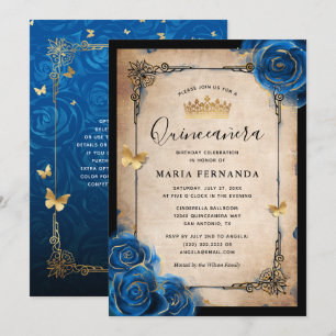Invitation Aquarelle Royal Blue Gold Elegant Quinceanera