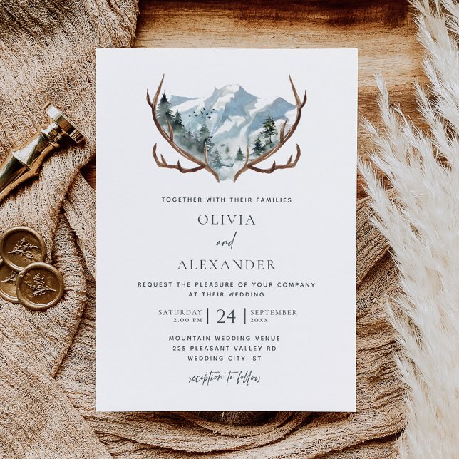 Invitation Aquarelle Russe Antlers Mariage de montagne (Créateur téléchargé)