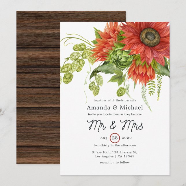 Invitation Aquarelle Russe Bohème Mariage de tournesols rouge (Devant / Derrière)