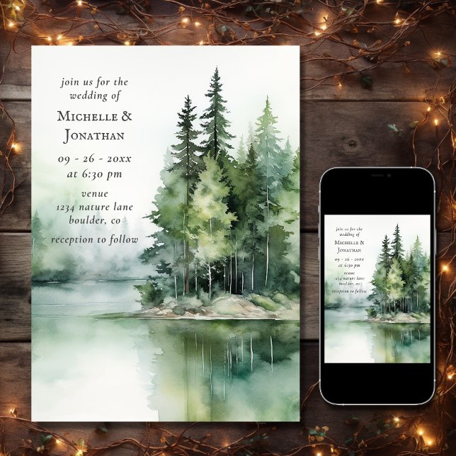 Invitation Aquarelle Rustic Lake Woodland Forest Mariage (Printed and Digital - Watercolor Rustic Lake Woodland Forest Wedding Invitation)