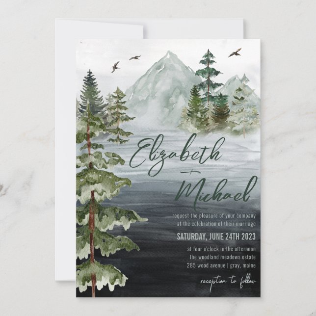 Invitation Aquarelle rustique À feuillage persistant Mountain (Devant)