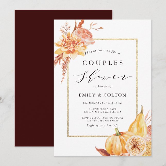 Invitation Aquarelle Rustique Automne Couples Floral Douche (Devant / Derrière)