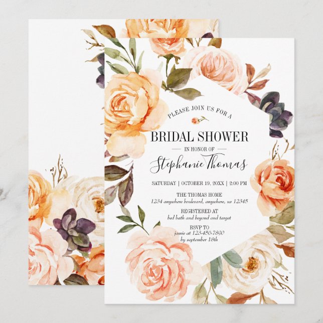 Invitation Aquarelle Rustique Automne Fête des mariées floral (Devant / Derrière)