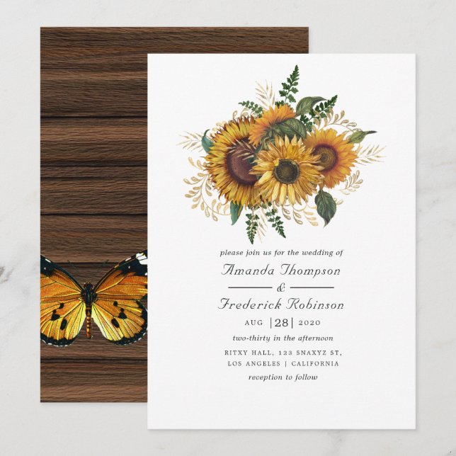 Invitation Aquarelle Rustique Automne - Mariage de tournesol  (Devant / Derrière)