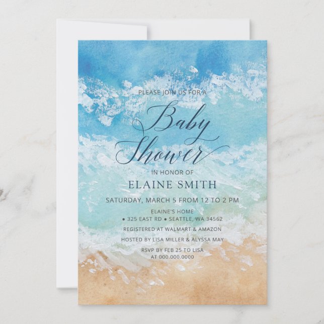 Invitation Aquarelle rustique Baby shower de plage de mer d'é (Devant)
