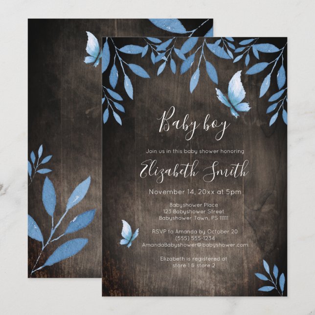 Invitation Aquarelle rustique bleu papillon fleuri babyshower (Devant / Derrière)