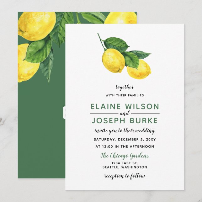 Invitation Aquarelle rustique Citrus Lemon Mariage (Devant / Derrière)