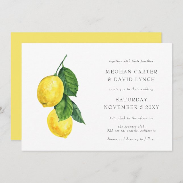Invitation Aquarelle rustique Citrus Lemon Mariage (Devant / Derrière)