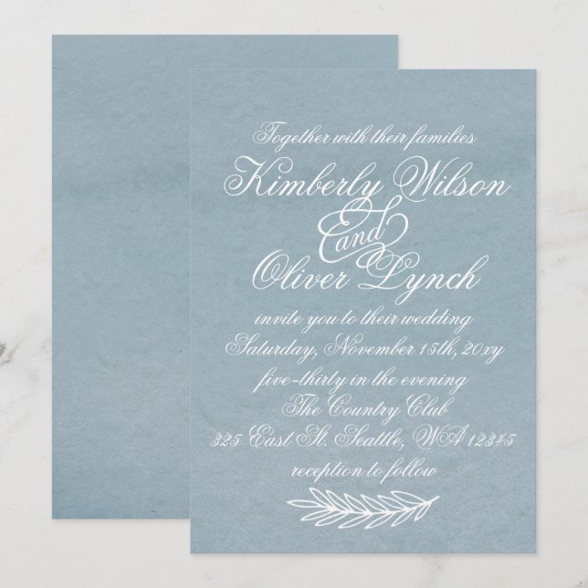 Invitation Aquarelle rustique Dusty Bleu Nature Mariage (Devant / Derrière)