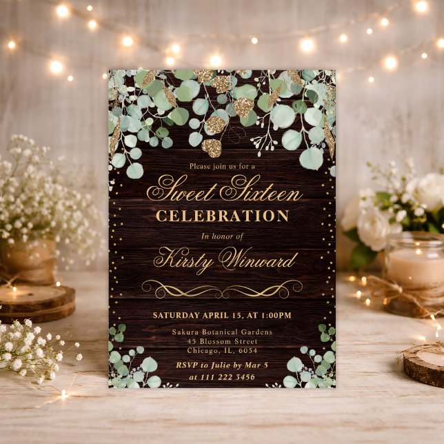 Invitation Aquarelle Rustique Eucalyptus Gold Sweet 16 (Créateur téléchargé)