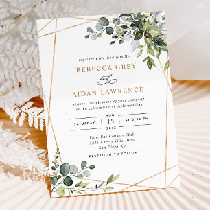 Invitation Aquarelle rustique Eucalyptus Mariage or vert