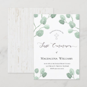 Invitation aquarelle rustique eucalyptus verdure Communion