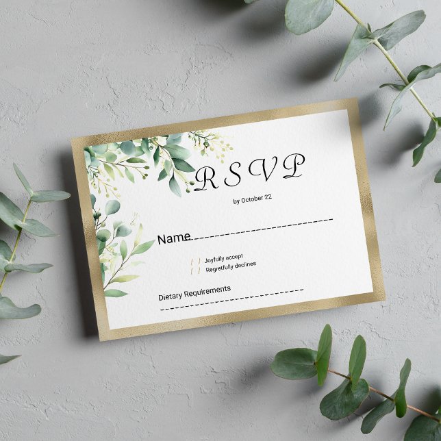 Invitation Aquarelle rustique eucalyptus vert or RSVP (Watercolor rustic eucalyptus greenery gold RSVP)