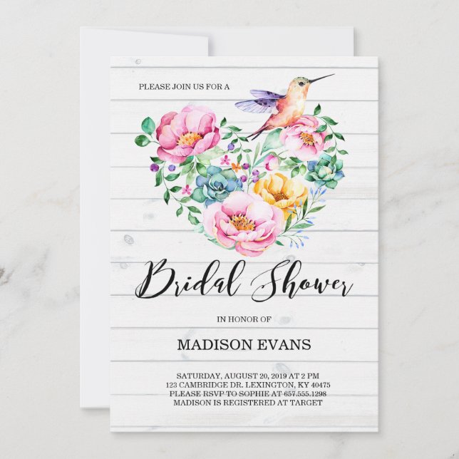 Invitation Aquarelle rustique Fête des mariées de colibri flo (Devant)
