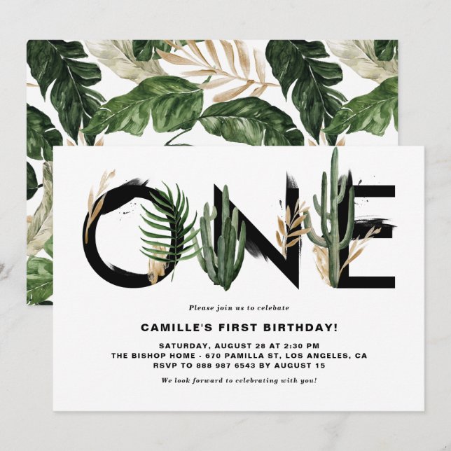Invitation Aquarelle rustique Feuilles tropicaux premier anni (Devant / Derrière)