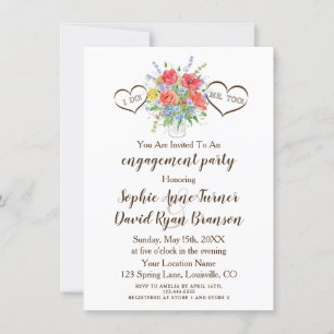 Invitation Aquarelle rustique Fleurs sauvages Coeurs Fiançail