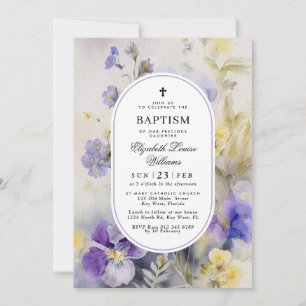 Invitation Aquarelle Rustique Fleurs Violettes et Jaunes Bapt