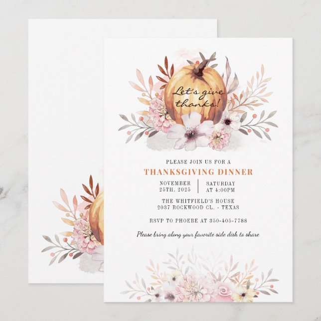 Invitation Aquarelle Rustique Floral Citrouille Thanksgiving (Devant / Derrière)