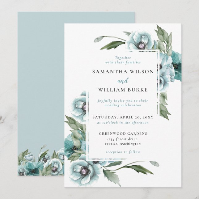 Invitation Aquarelle rustique Floral Dusty Mariage bleu (Devant / Derrière)