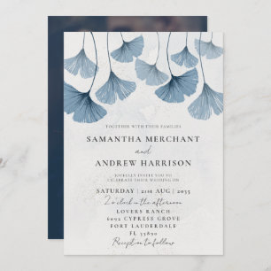 Invitation Aquarelle rustique Ginkgo Dusty Mariage bleu