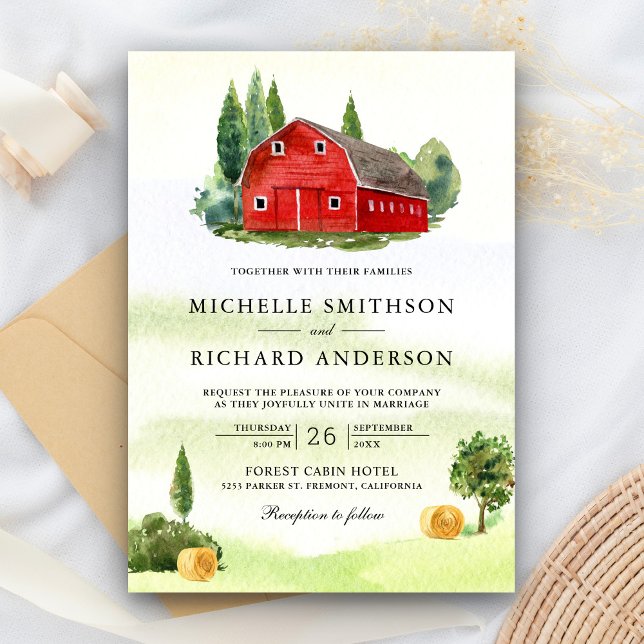 Invitation Aquarelle rustique Grange rouge Mariage agricole r (Créateur téléchargé)