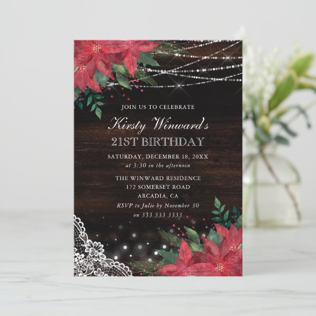 Invitation Aquarelle rustique hiver Poinsettia 21e anniversai (Debout devant)