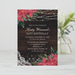 Invitation Aquarelle rustique hiver Poinsettia 21e anniversai