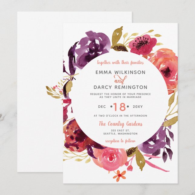 Invitation Aquarelle rustique Mariage floral rose et violet (Devant / Derrière)