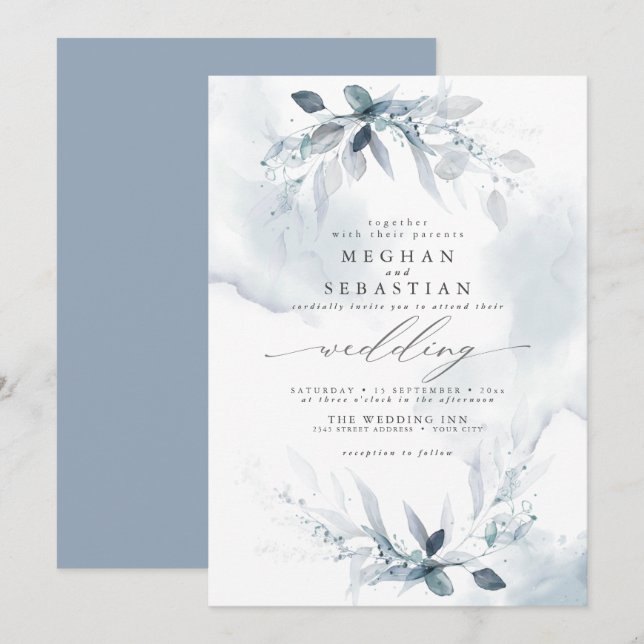 Invitation Aquarelle rustique mariage Robe bleu foncé (Devant / Derrière)