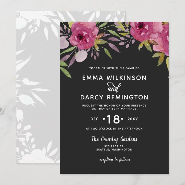 Invitation Aquarelle rustique Mariage rose (Devant / Derrière)
